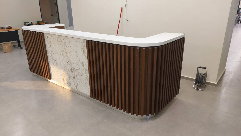 Reception Desk — Marble & Wood Slats